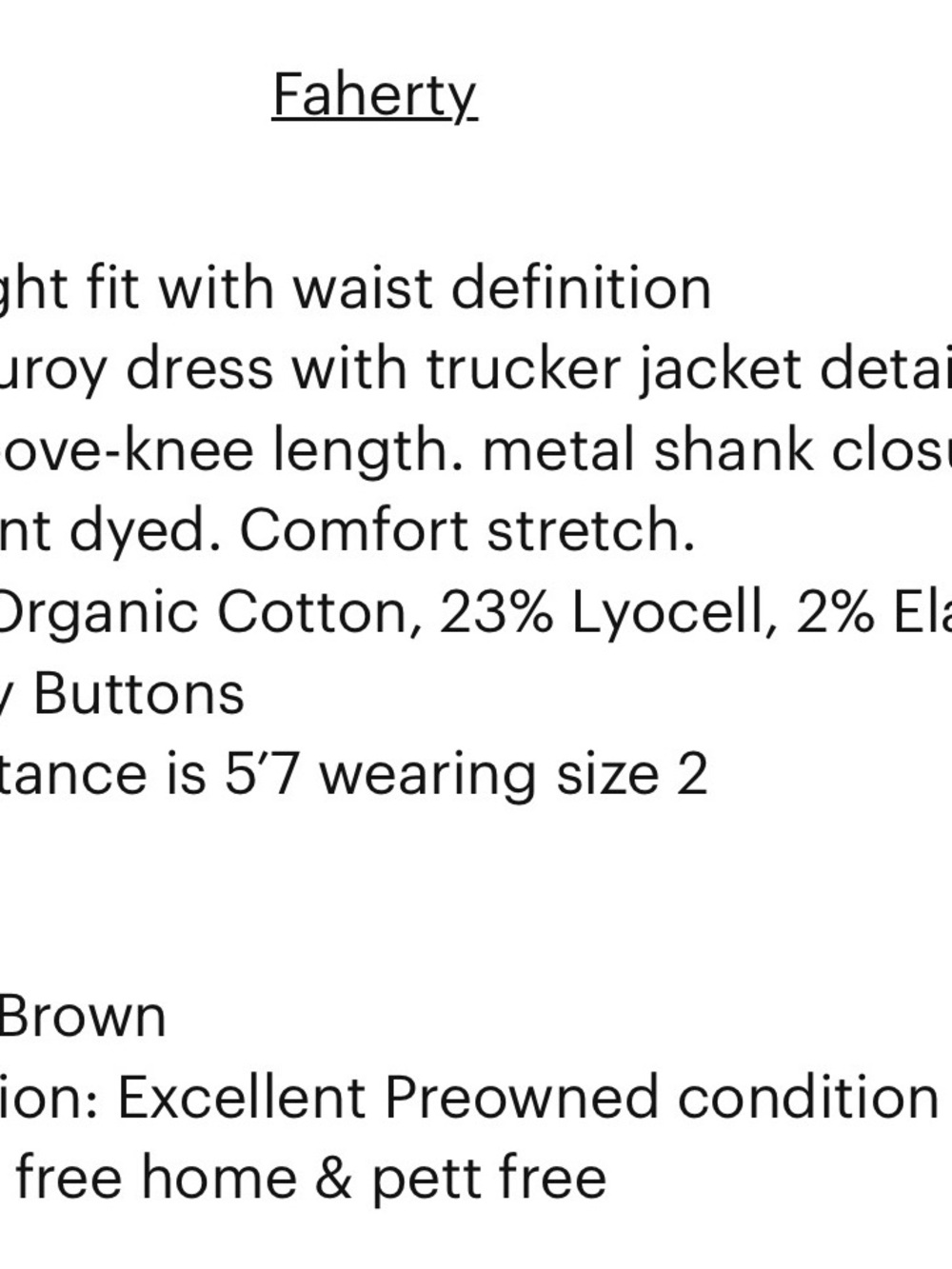 Faherty Chestnut Brown Corduroy Button-Front Mini Dress Sz 2 NWT! - Picture 5 of 10